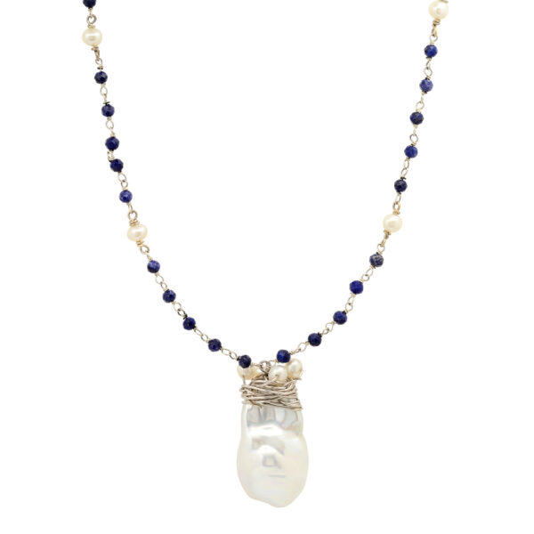 Silver Chain With Lapis and Fireball White Pearl Necklace