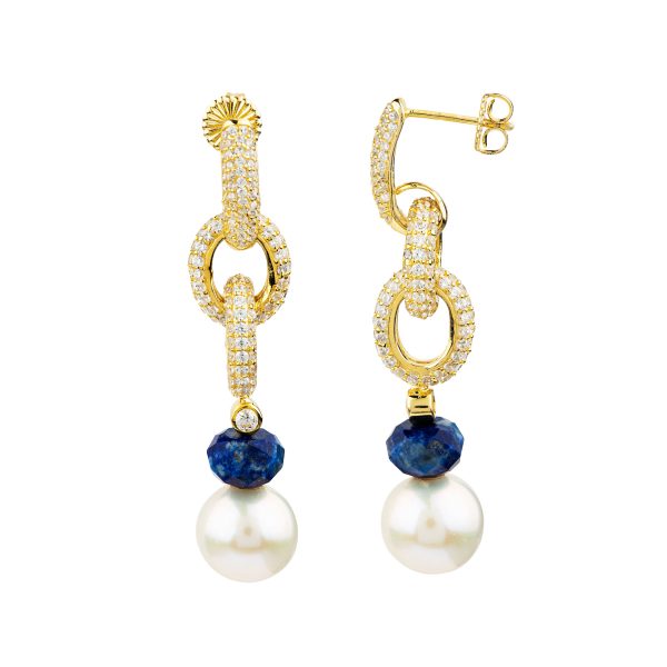 Silver 14K Gold Plated Link CZ Pearl/Lapis Earrings