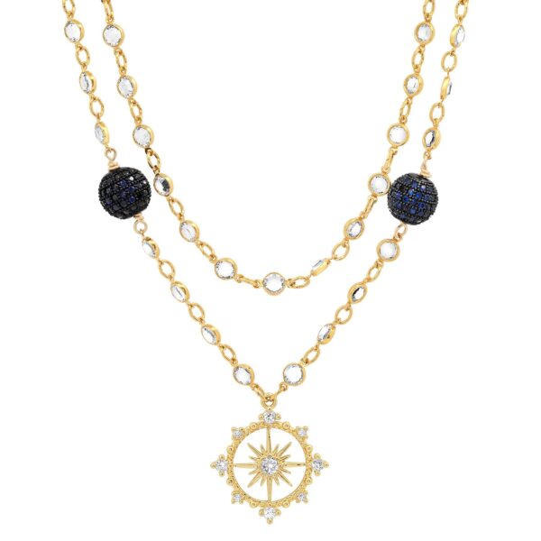 24K Yellow Gold Plated Cristal Chain With Blue Beaded/Silver Balls and White Pearl North Star Charm Necklace