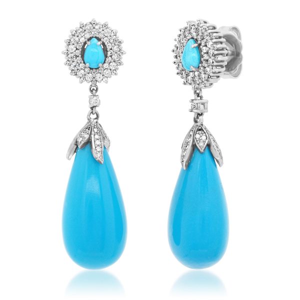 14K White Gold Diamond Teardrop Turquoise Earrings