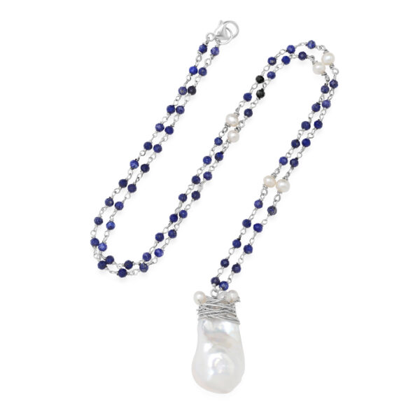 Silver Chain With Lapis and Fireball White Pearl Necklace - Image 2