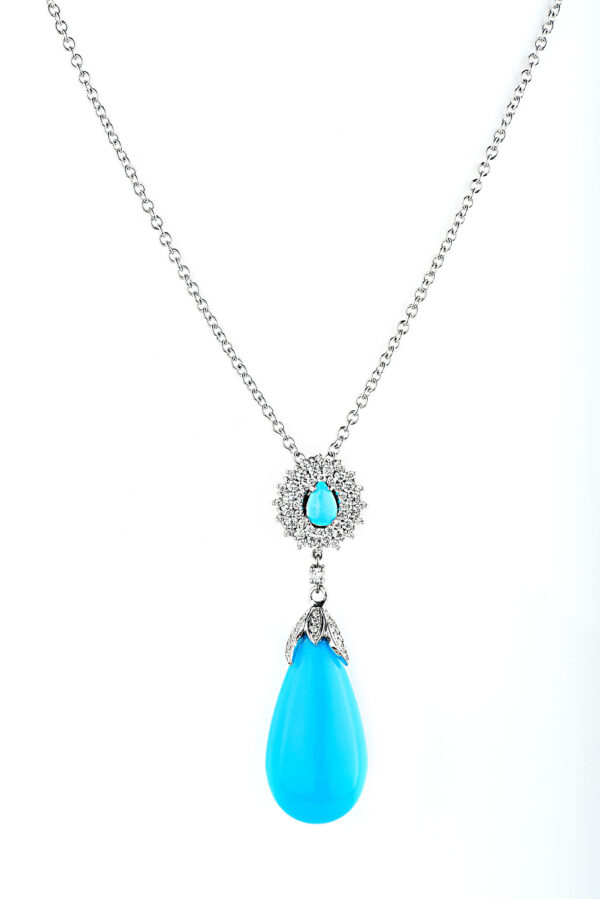 14K White Gold Diamond Drop Turquoise Pendant