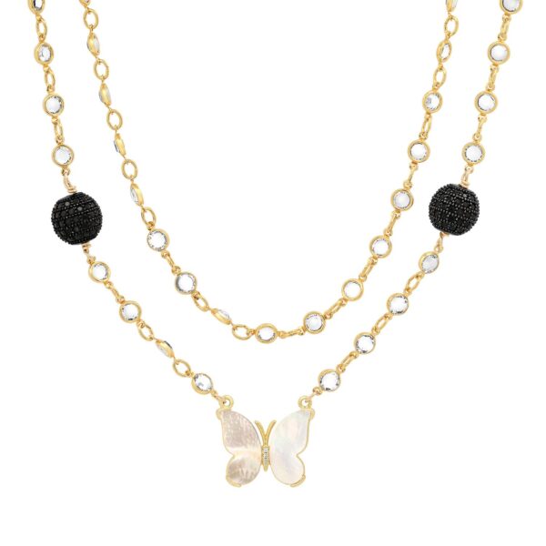 24K Yellow Gold Plated Crystal Chain With Black Beaded/Silver Balls and White Pearl Butterfly Charm Necklace