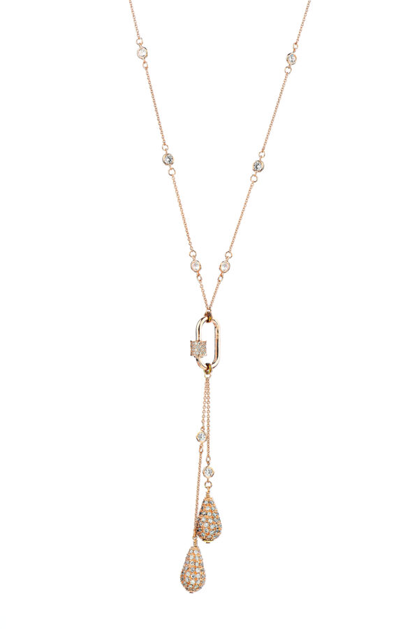 24K Rose Gold Filled Crystal Chain Tear Drop & Lock Pave Necklace